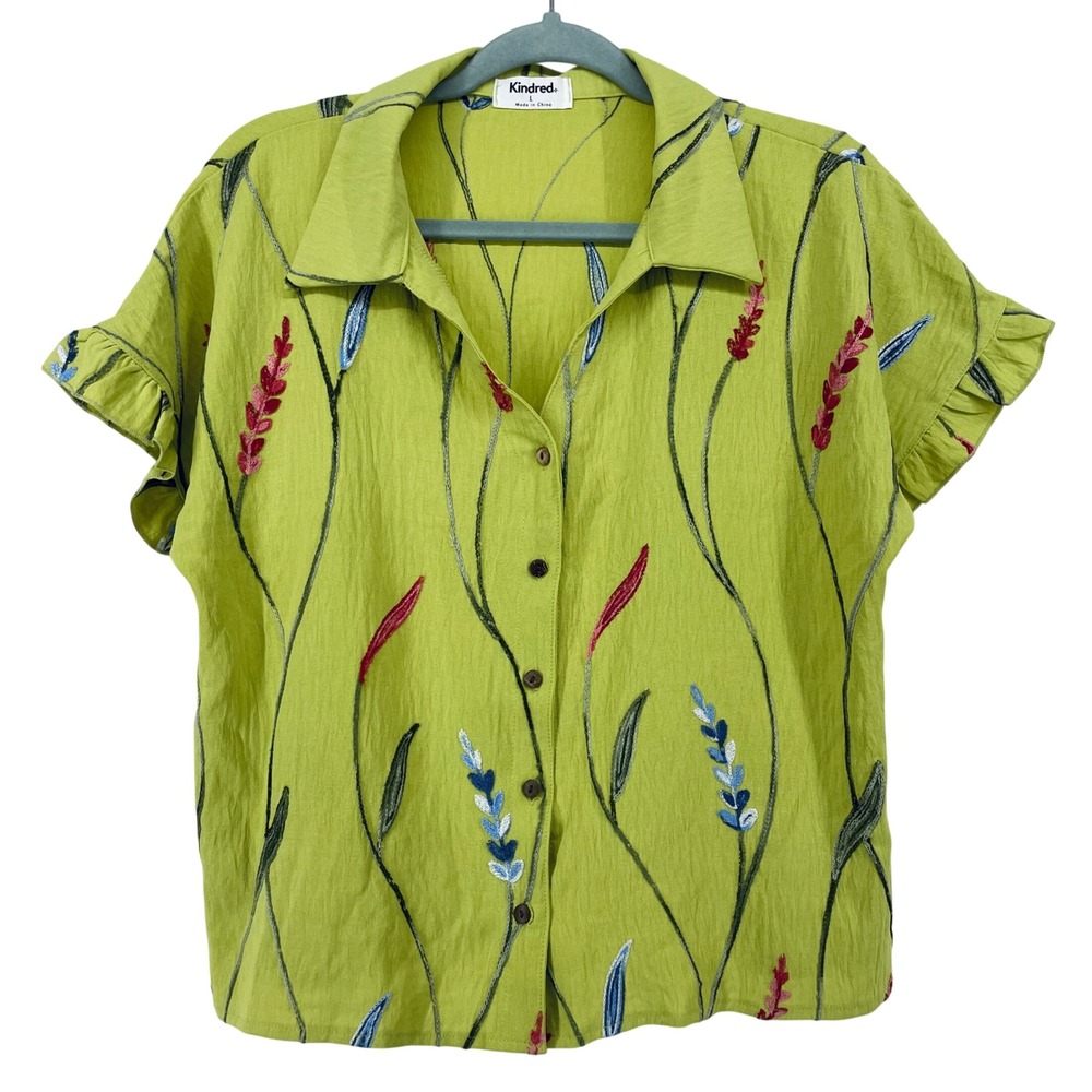 Kindred Size Large Blouse Lime Green Floral Embroidered Flutter Sleeve Women